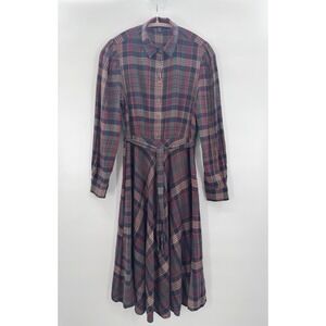 Chaps Womens M Midi Dress Bias Cut Dark Plaid Preppy Western Academia Heritage